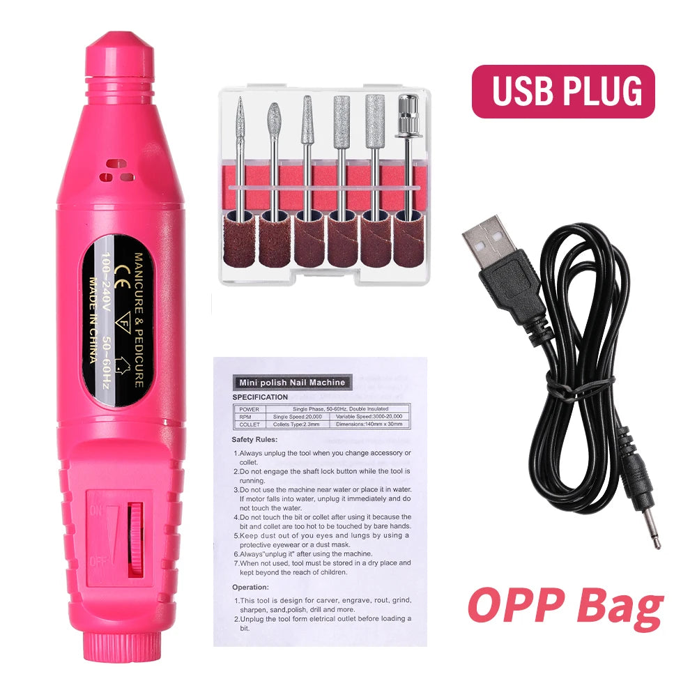 YIKOOLIN 6-in-1 USB Electric Nail Drill Kit — Portable Pen-Style Manicure Polisher with Nail Art Bits
