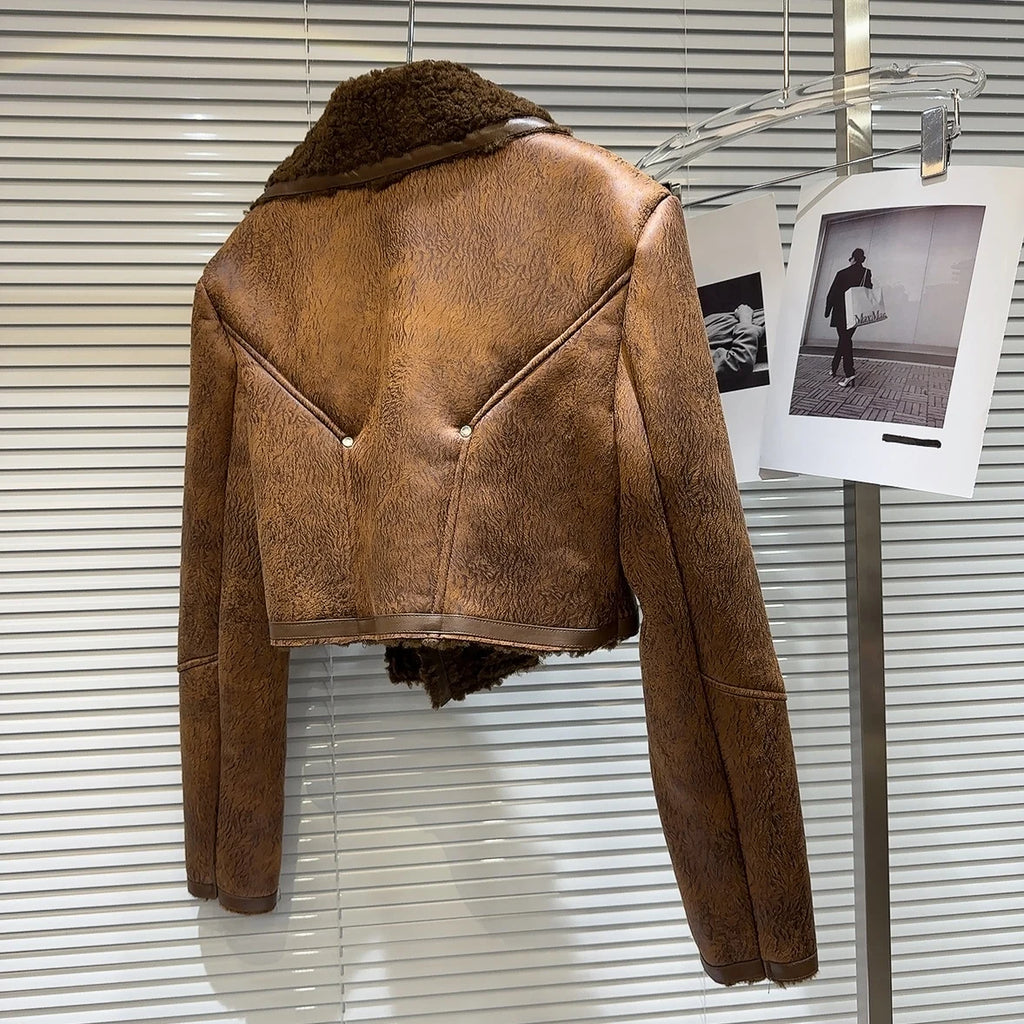 PREPOMP Turn-Down Collar Faux Fur PU Leather Jacket for Women, Zipper Sleeve Cuffs Streetwear Winter Coat