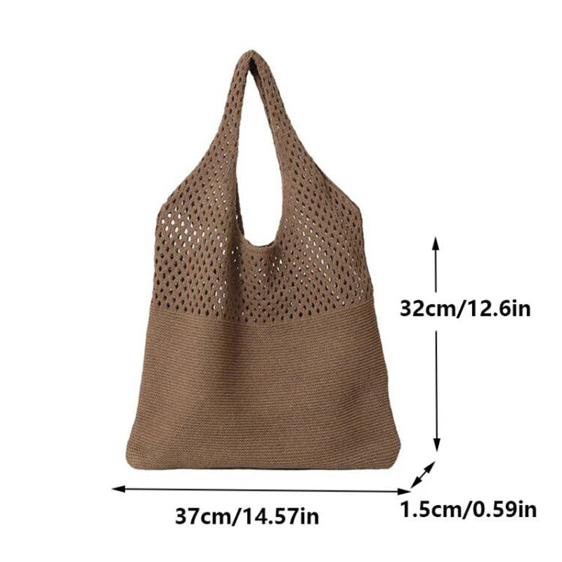 Crochet Knitted Braid Top-Handle Tote – Hollow Woven Shopper in Black or Khaki