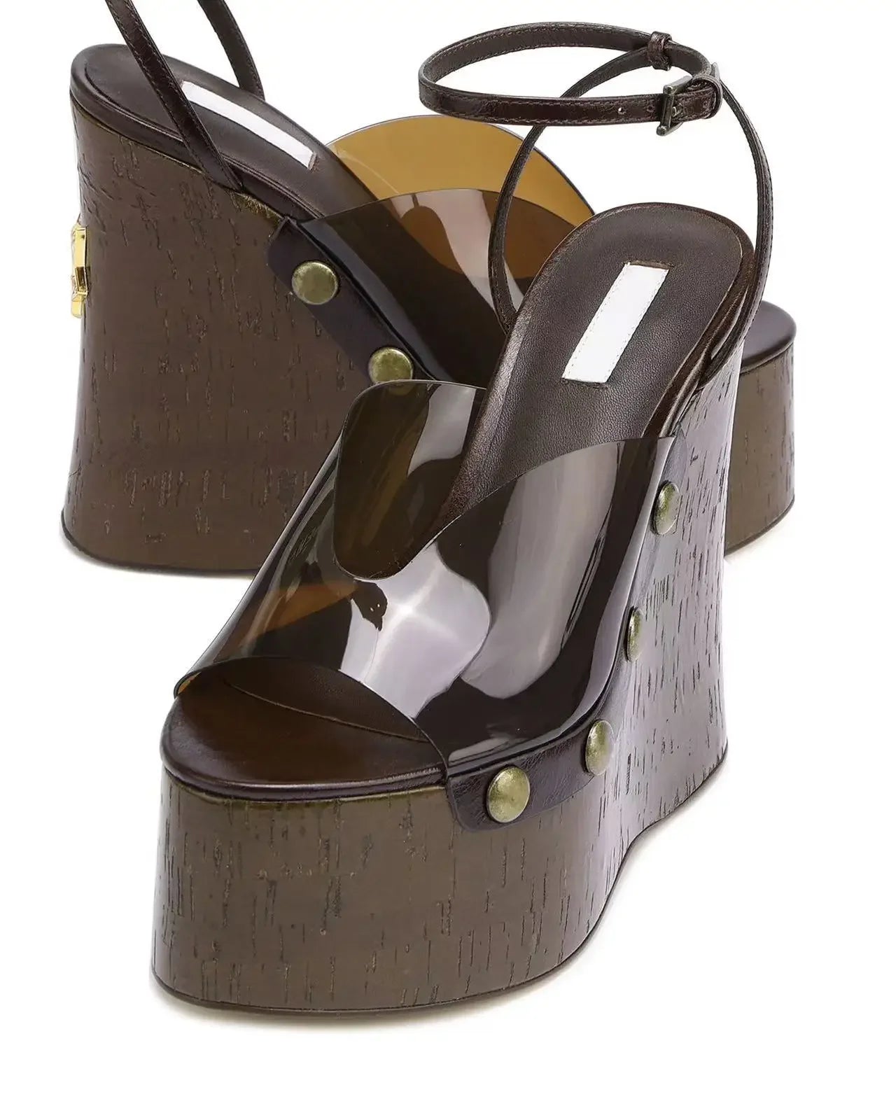 Women's Woodgrain Chunky Sandals – Square Block Heel 14 cm (5.5 in), Waterproof, Rivet & Rhinestone Accents, Metal Buckle