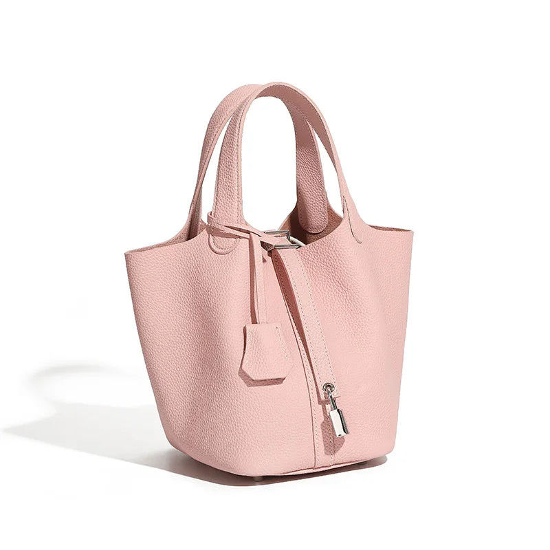 Women's Leather Bucket Bag – Basket-Style Drawstring Handbag, Mommy Bag for Bridal & Wedding