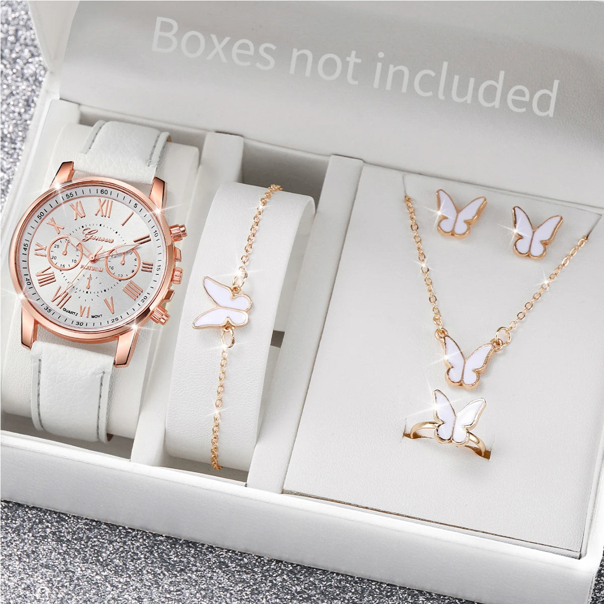 5/6-Piece Women's Quartz Leather Strap Watch Set with Heart Rhinestone Charm - Analog Fashion Wristwatches (Box Not Included)
