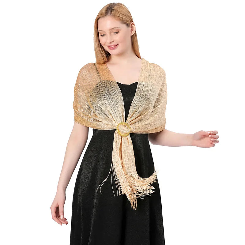 Metallic Scarf with Buckle - Shiny Bridal & Evening Shawl Wrap, Gold or Silver, 75 x 17.7 in (190 × 45 cm)