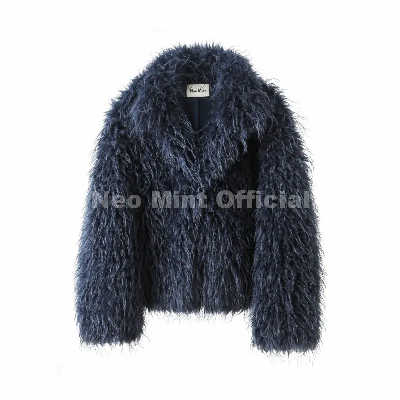 Neo Mint Faux Mongolia Sheep Fur Coat for Women Fluffy Warm Chic Streetwear Outerwear