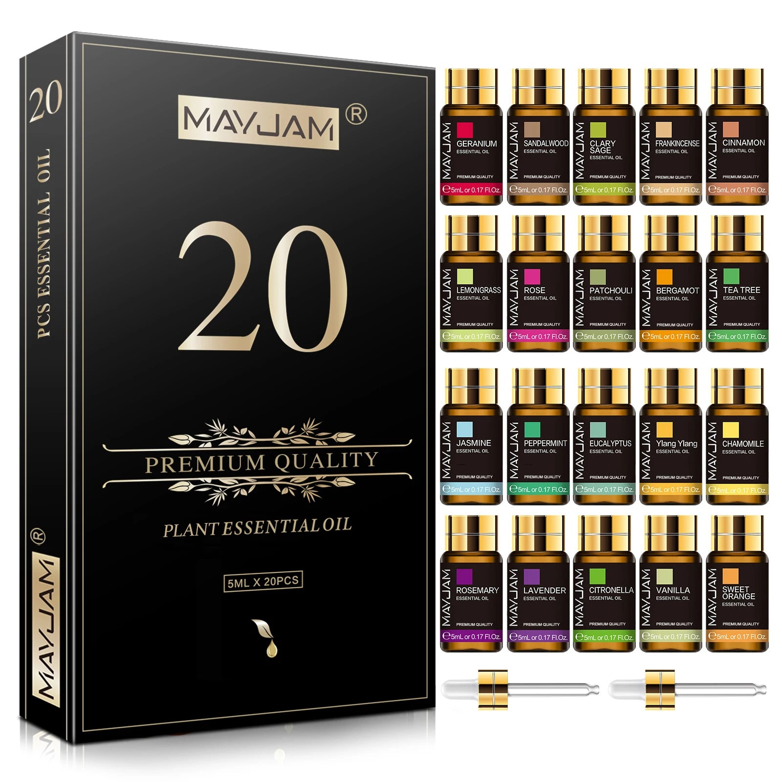 MAYJAM 20 x 5ml Pure Essential Oils Gift Set - Aromatherapy Kit with Lavender, Jasmine, Eucalyptus, Vanilla, Sandalwood, Sweet Orange, Geranium & Patchouli