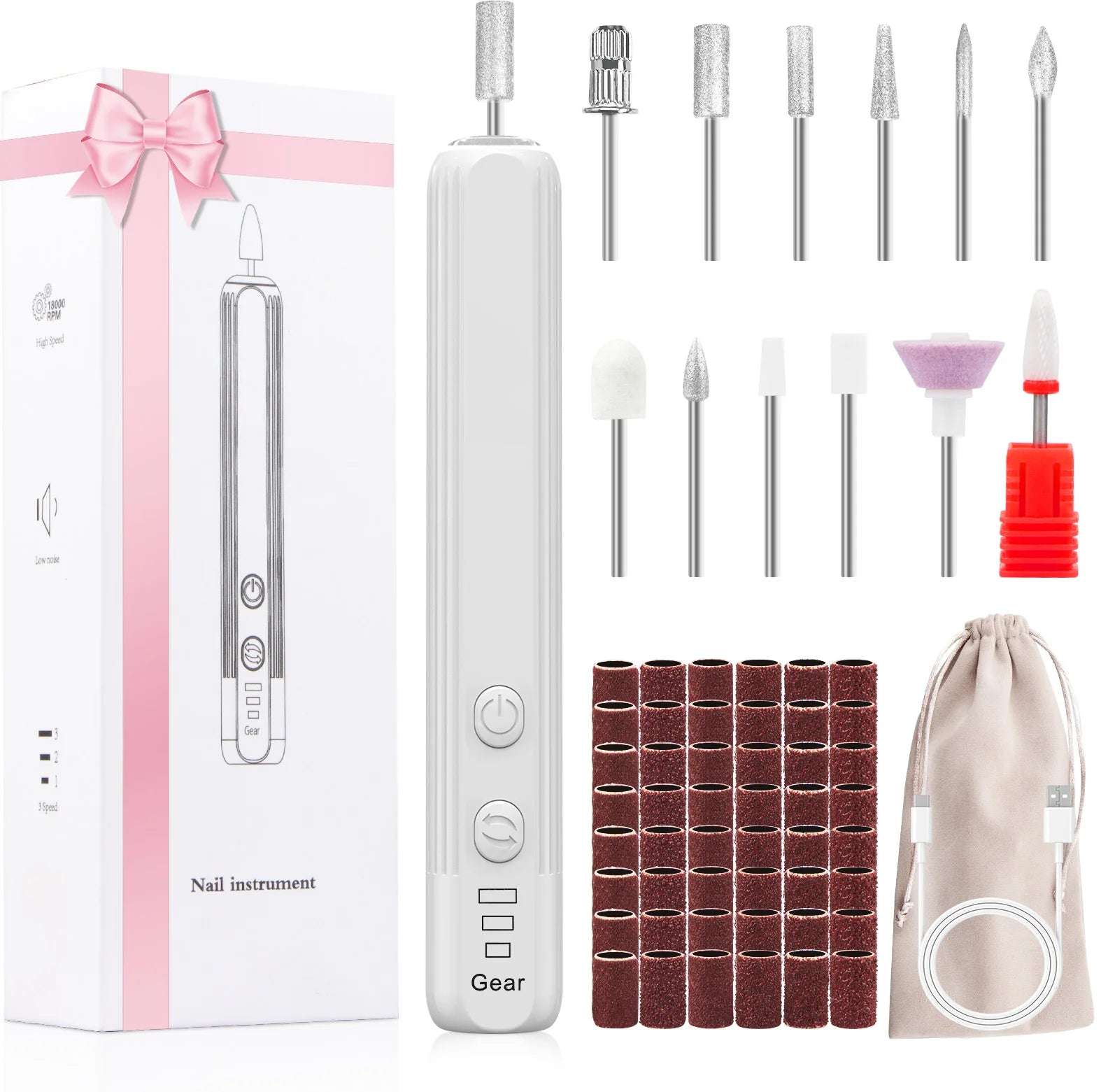 Professional Electric Nail Drill Kit - 20,000 RPM High-Speed Nail File with 12 Grinding Bits & 100 Sanding Bands for Acrylic and Gel Nails