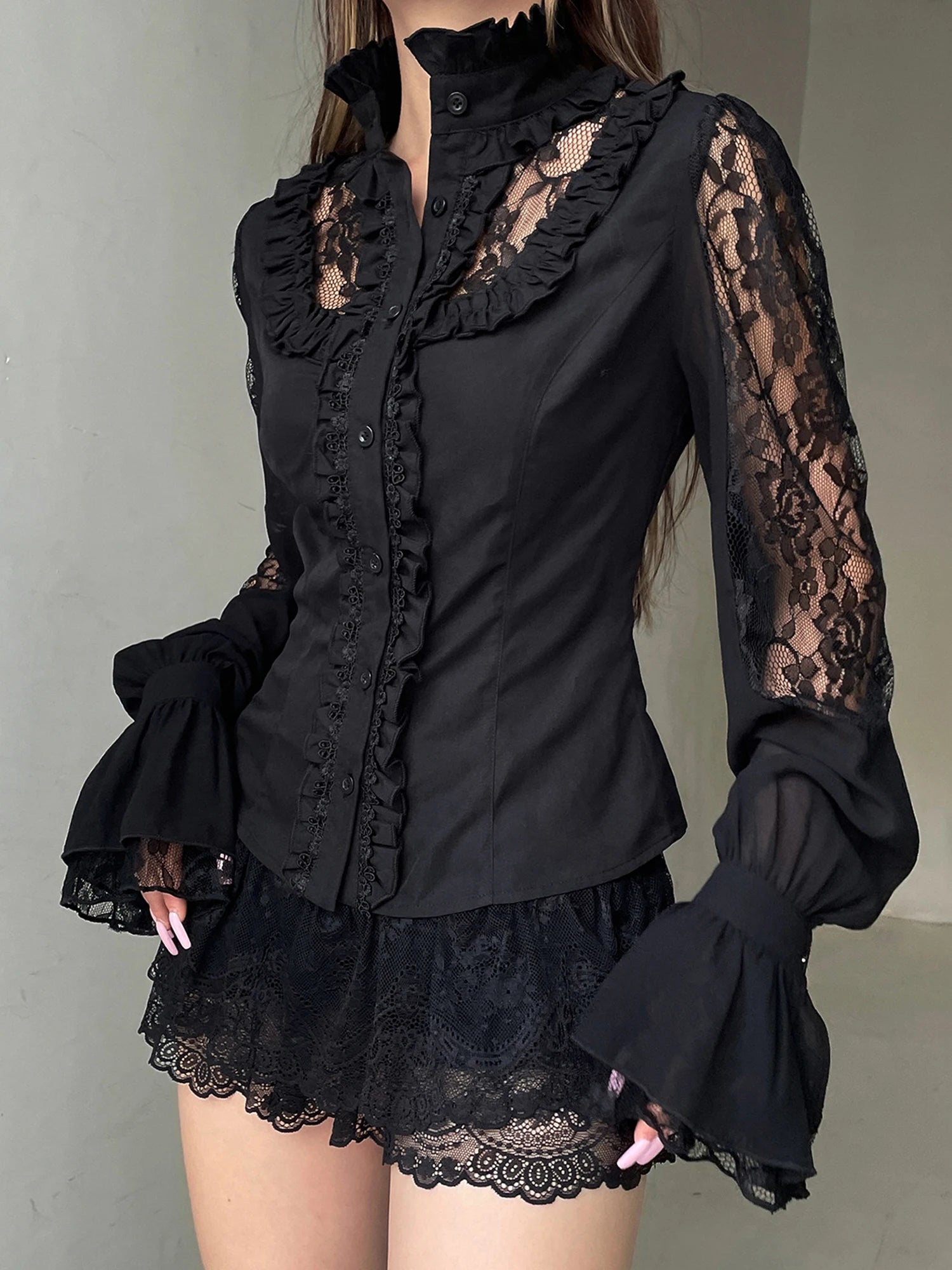 Floral Embroidered Lace Patchwork Button-Down Blouse for Women Long Sleeve Casual V-Neck Top