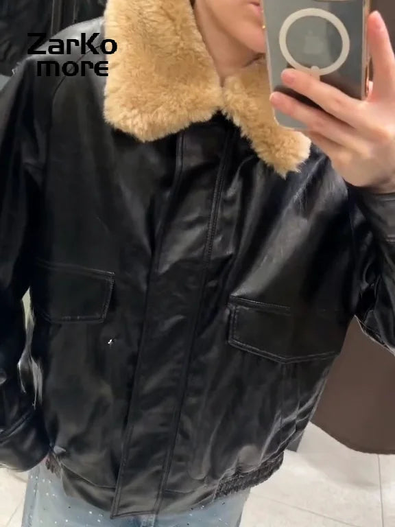 Women's Faux Fur Collar Padded Leather Jacket with Zipper Pockets - Warm Winter Coat