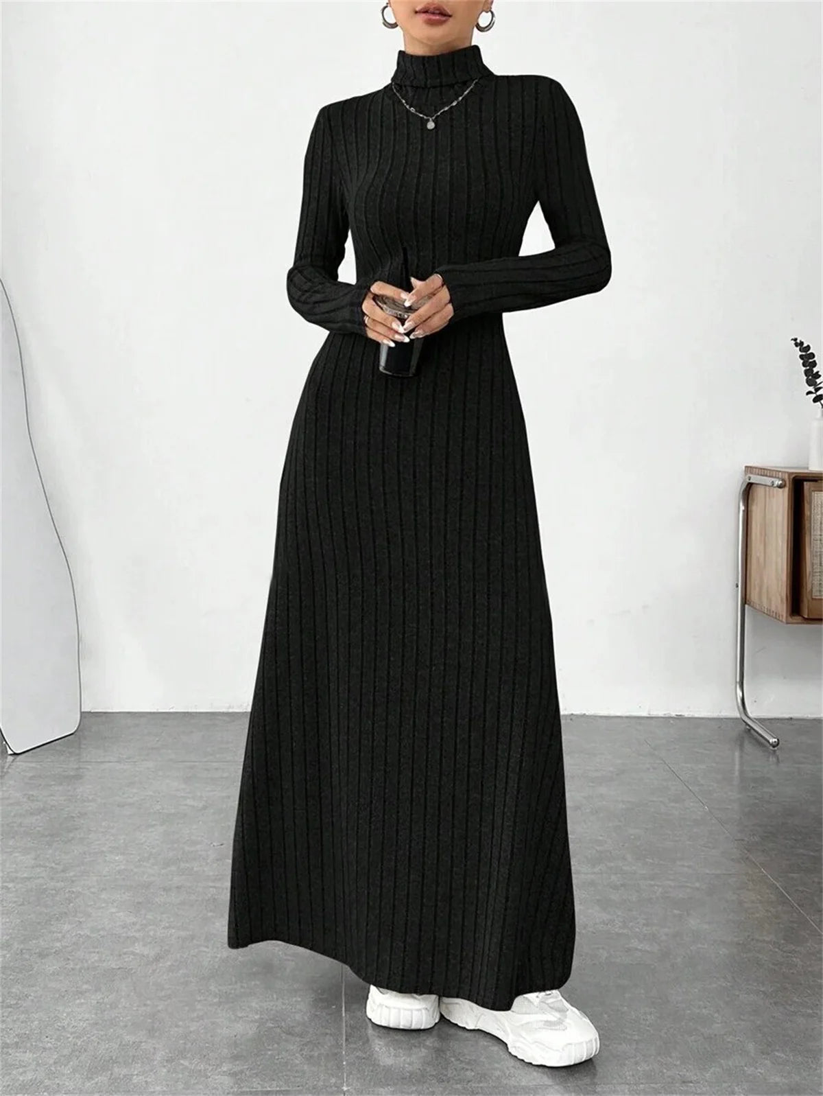 Knitted Turtleneck Long Sleeve Dress for Women - Vintage Slim Ankle-Length Knit, Autumn/Winter Casual Y2K