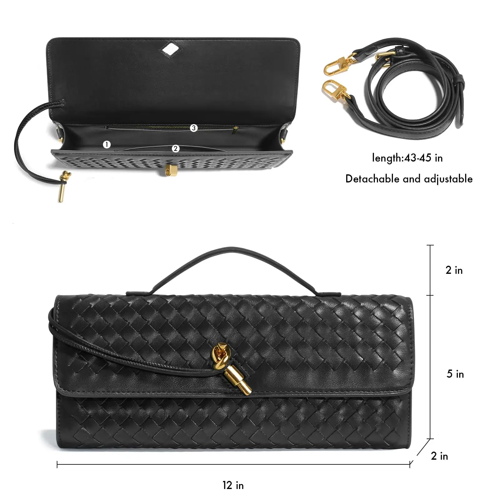 Women's Woven PU Leather Baguette Bag 12-inch (30 cm) – Evening Clutch with Removable 44-inch (112 cm) Crossbody Strap, Gold Buckle