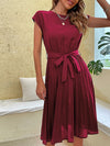 Elegant Summer Pleated Midi Sundress – Short Sleeve O-Neck Casual Beach Tunic (Solid Colors)