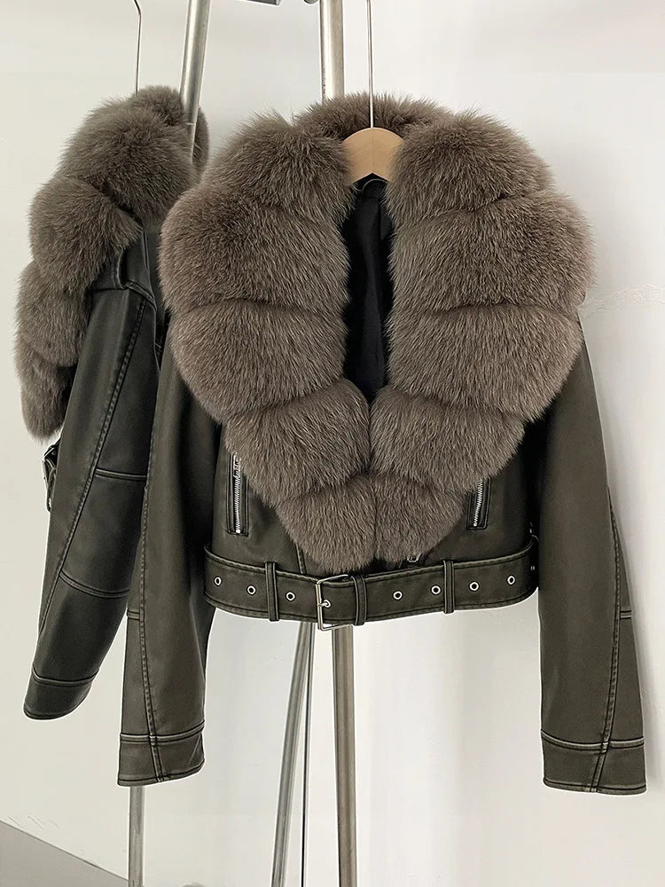 ZMEENNA Women's Faux Leather Moto Jacket with Detachable Faux Fur Collar - Short Warm Winter Coat