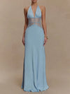 Mozision Women's Backless Halter Lace Maxi Dress - Deep V Patchwork Sleeveless High-Waist A-Line Gown