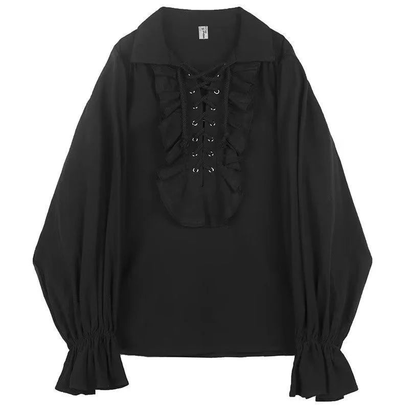 Victorian Gothic Renaissance Lace-Up Ruffled Blouse Women's Pirate Poet Medieval Top