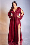 Green Satin V-Neck Floor-Length Evening Gown with High Split and Full Sleeves, Bridal Ball Pageant Dress