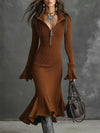 Women’s Knitted Fishtail Midi Dress – Slim Fit Lapel Collar, Flared Full Sleeves – Autumn Winter Solid
