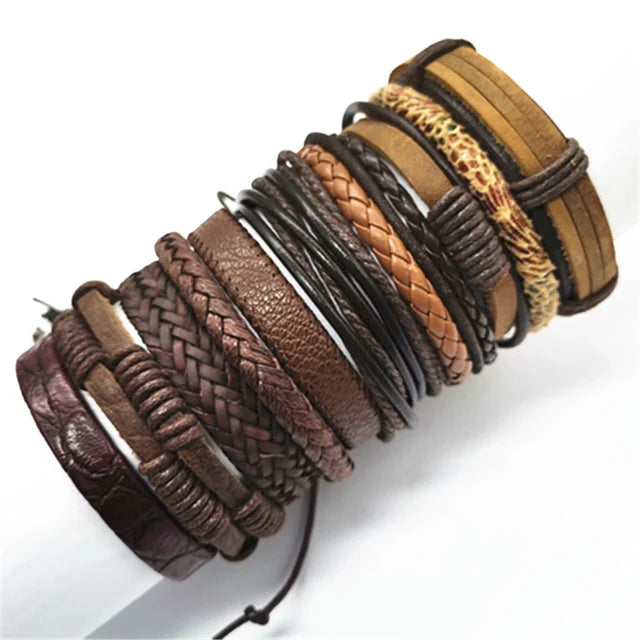 10-Pack Adjustable Black Woven Wrap Leather Bracelets – Handmade Unisex Rope Chain Lace-Up