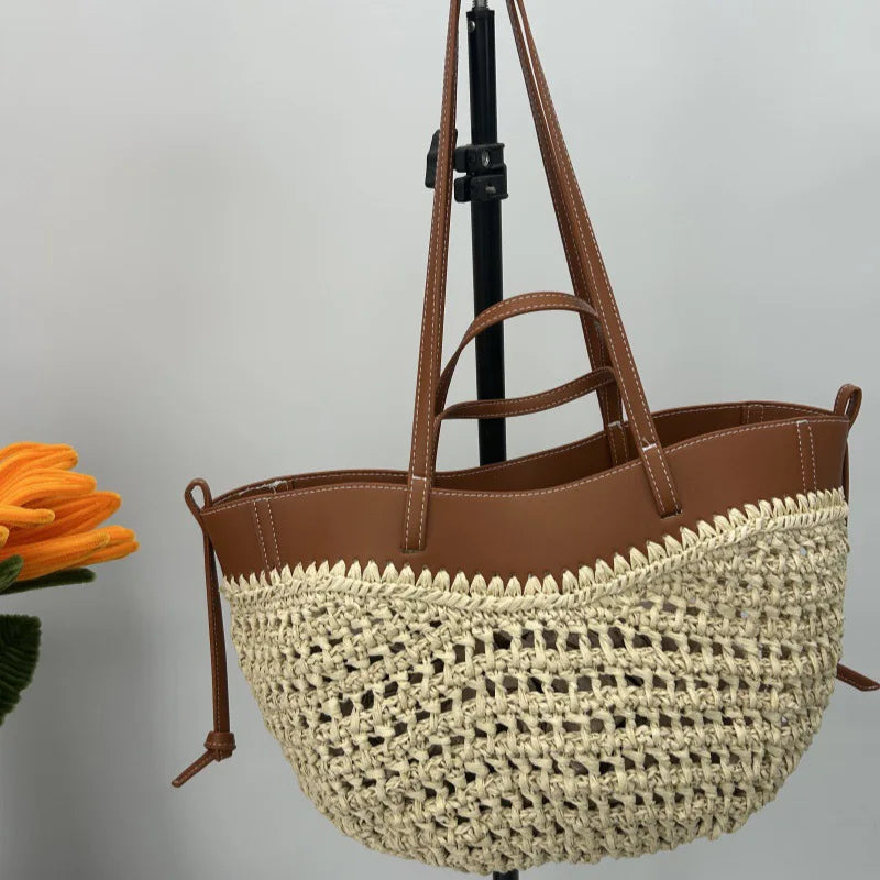 Women 2-in-1 Woven Straw Shoulder Bag – Adjustable Strap Large Capacity Dumpling Beach Bucket Bag