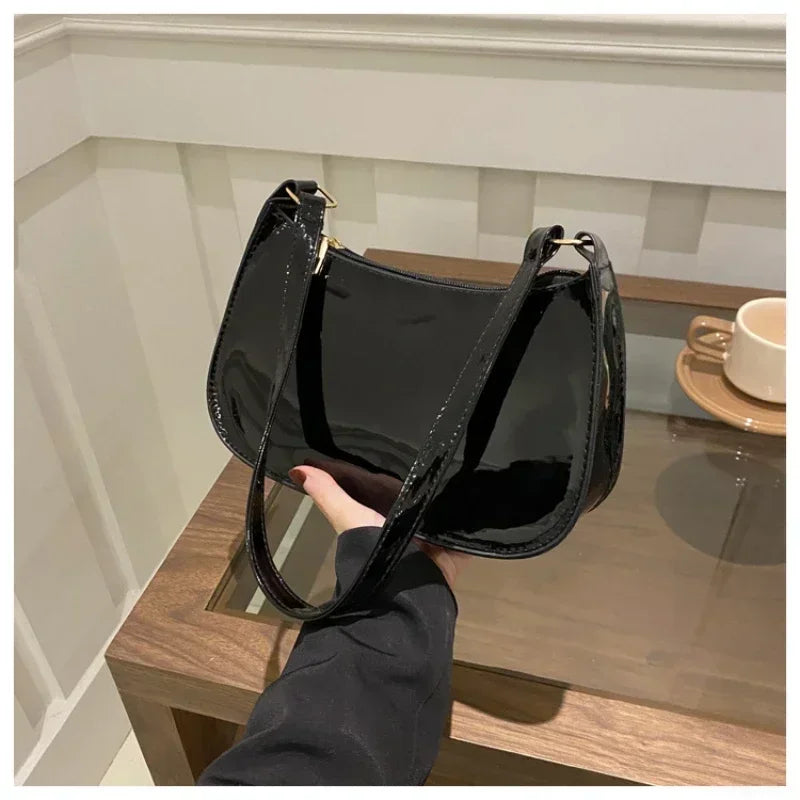 Women's Patent PU Leather Shoulder Bag - Korean Style Hobo Zipper Handbag for Everyday Commuting