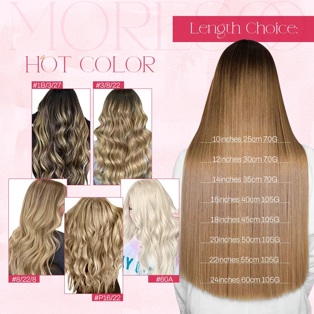 Moresoo Brazilian Remy Clip-In Human Hair Extensions – Straight 5PC or 7PC Set, 10–24 in (25–61 cm)