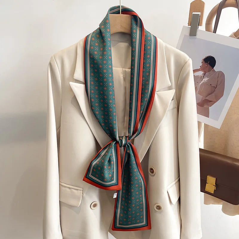 Women's Silk-Feel Printed Long Narrow Scarf 12 x 148 cm (4.7 x 58.3 in) - 50+ Colors | Headband & Shawl