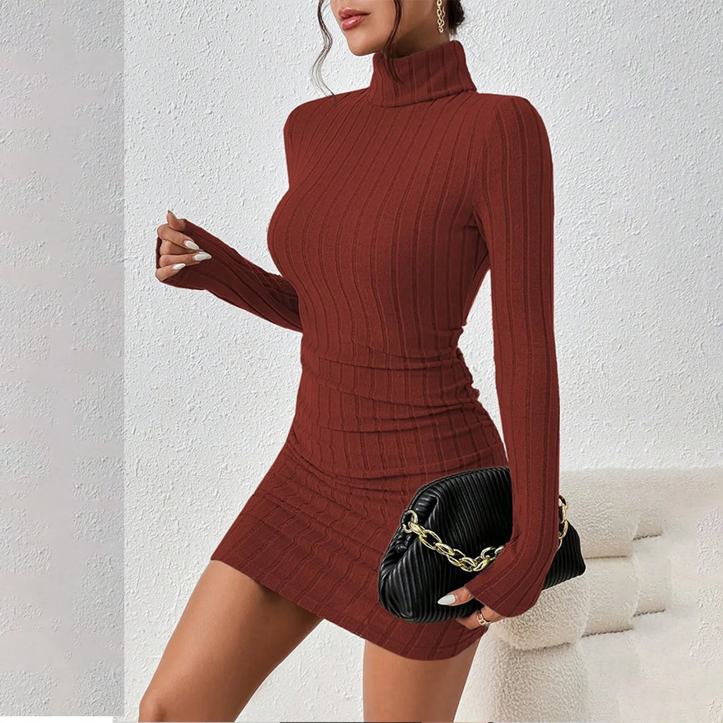 Knitted Turtleneck Bodycon Mini Dress – Long Sleeve Ribbed Sheath for Autumn Winter Parties and Streetwear