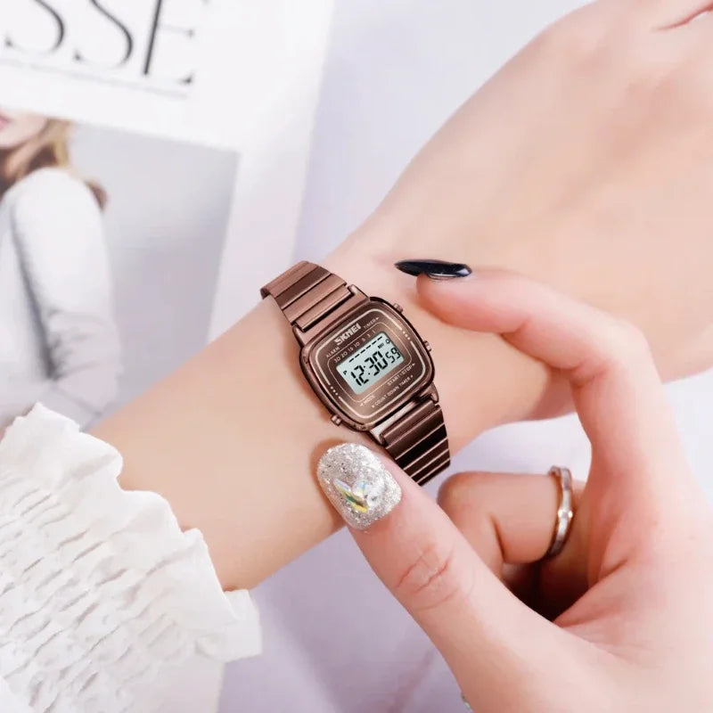 SKMEI Luxury Women's Small Dial Digital Chronograph Watch 25mm 30M Waterproof Stainless Steel Bracelet