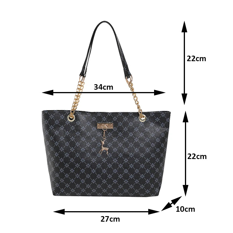 Textured Soft PU Leather Plaid Large Capacity Shoulder Tote Bag for Women with Tassel Accessory