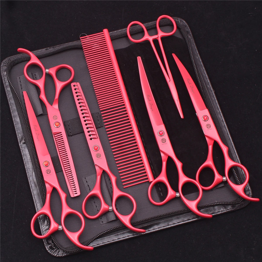 7-Inch (17.8 cm) Japanese 440C Pet Grooming Scissors Set — Straight 7 in, Curved 7 in, Thinning 6.5 in (16.5 cm) for Dog & Cat Grooming with Comb & Hemostatic Forceps