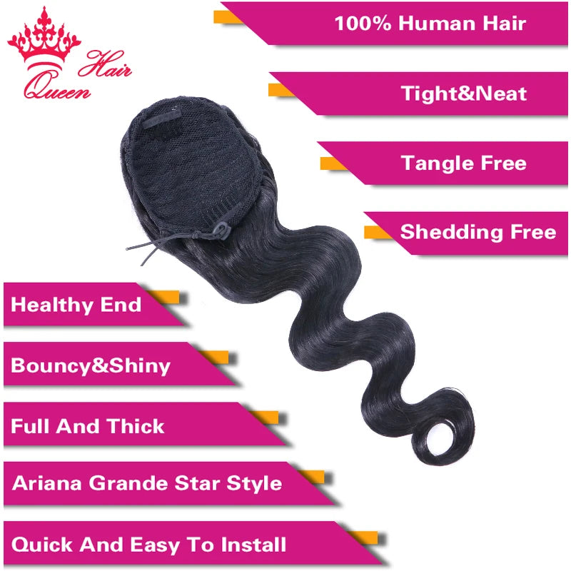 Clip-In Drawstring Human Hair Ponytail – 100g (3.5 oz) Brazilian Virgin Hair, Straight & Body Wave