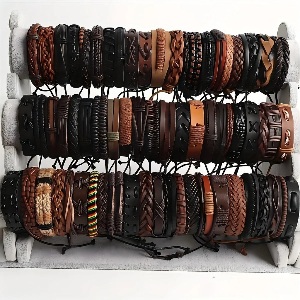 20-Pack Unisex Leather, Rope & Webbing Bracelets – Mixed Vintage Braided Gift Set