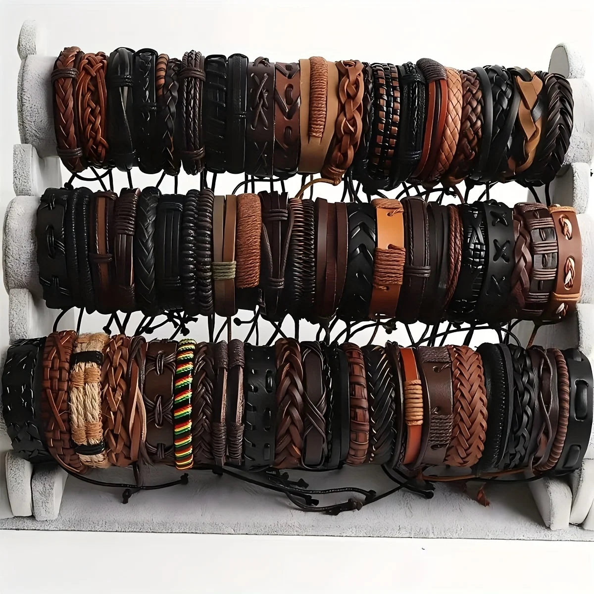 20-Pack Unisex Leather, Rope & Webbing Bracelets – Mixed Vintage Braided Gift Set