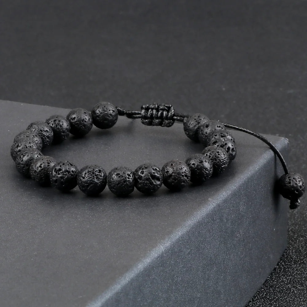 8mm Tiger Eye & Lava Stone Adjustable Braided Bracelet — Unisex Beaded Yoga Healing Energy Bracelet