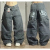 Women's Blue Washed Baggy Wide-Leg Jeans Mid-Rise Harajuku Hip Hop Casual