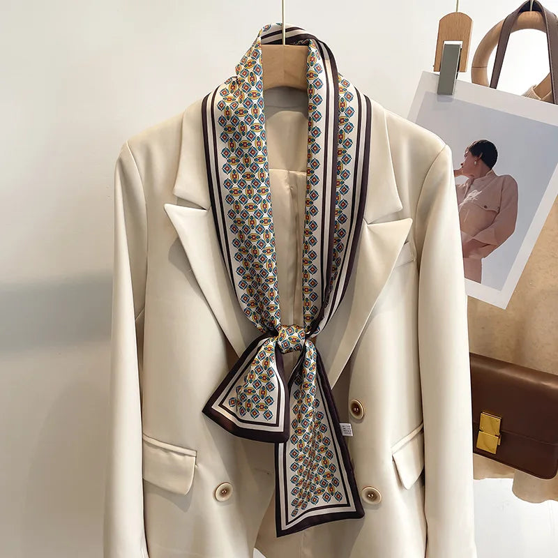 Women's Silk-Feel Printed Long Narrow Scarf 12 x 148 cm (4.7 x 58.3 in) - 50+ Colors | Headband & Shawl