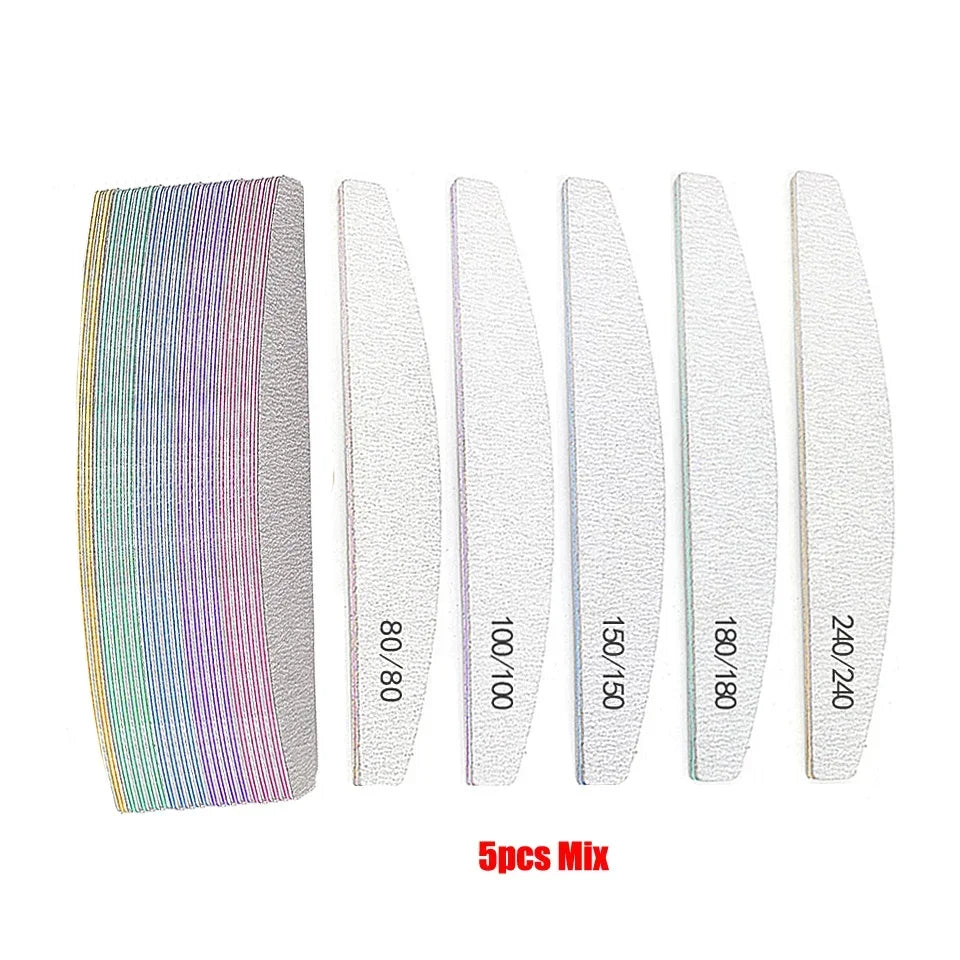 5-Pack Multi-Grit Nail Files 80/100/150/180/240 Grit Acrylic Manicure Buffers with Cuticle Remover, Mixed Colors - 7.0 in (17.8 cm)