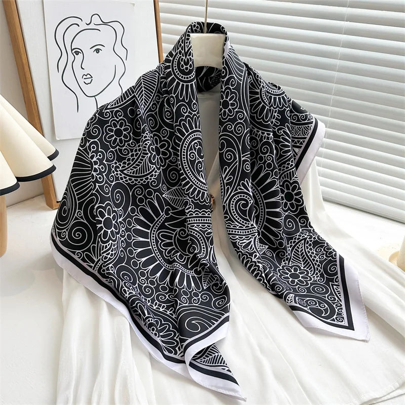 90 x 90 cm (35 x 35 in) Twill Silk-Feel Square Scarf – Women’s Luxury Tree Print Head Scarf, Shawl, Hijab, Bandana