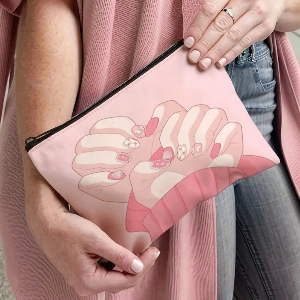 Pink Manicure Makeup Bag – Nail Art Print Cosmetic Organizer with Zipper for Travel & Nail Tools