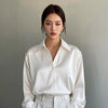 Korean Slim Satin Blouse for Women, Office Casual Long Button Shirt Solid Multicolor