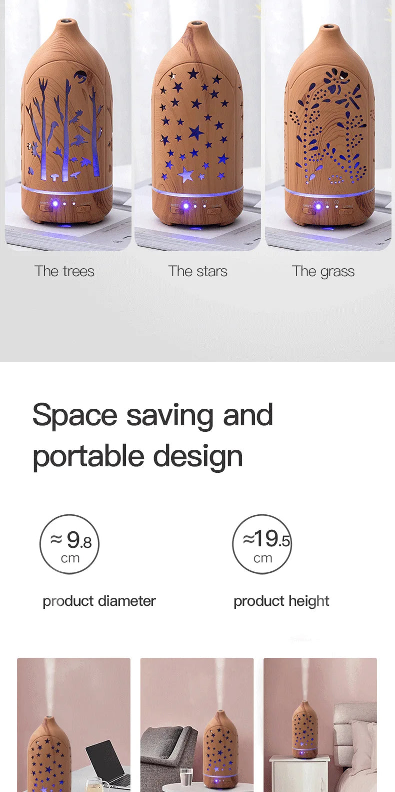 Ultrasonic Essential Oil Diffuser 100ml (3.4 fl oz) with LED Lights - Adjustable Cool Mist Modes for Aromatherapy & Humidifying