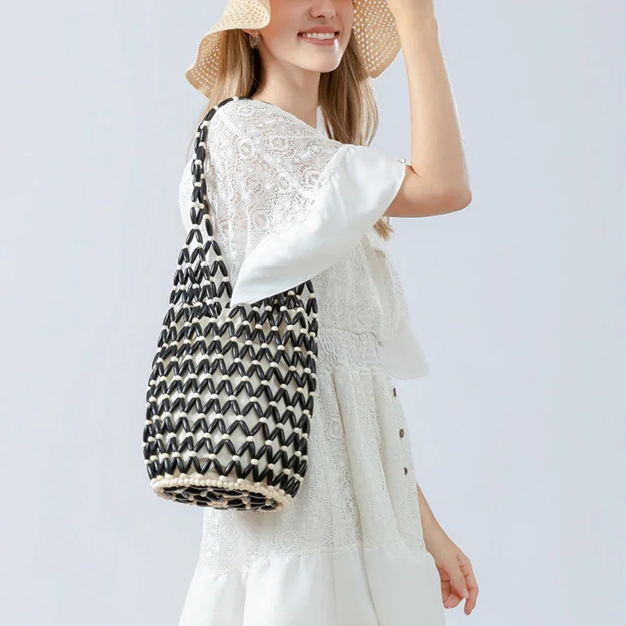 Woven Hollow-Out Bucket Shoulder Bag with Wooden Bead Handle - Netted Canvas Beach Tote for Women