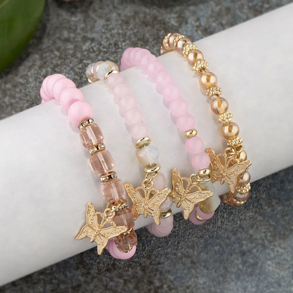 4-Piece Pink Butterfly Beaded Bracelet Set for Women - Acrylic Elastic Boho Stackable Bracelets Gift