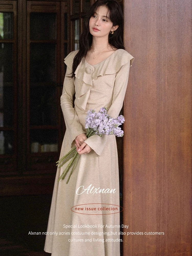 ALXNAN Oatmeal Ruffled V-Neck Knit Midi Dress - Women's Casual A-Line Layered Look