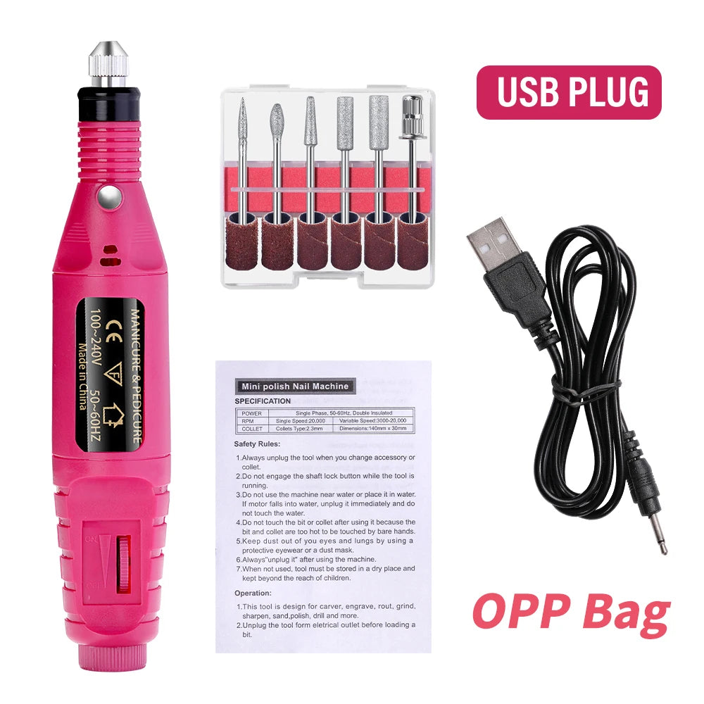 Portable USB Electric Nail Drill Machine – 6-Color Nail Polisher & Sander for Manicure Pedicure, 20,000 RPM, Includes 6 Drill Bits & Sanding Bands