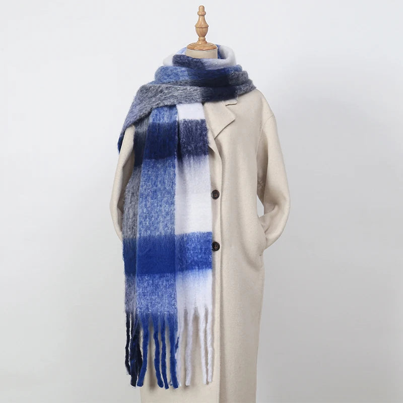 Women's Winter Thick Plaid Pashmina Scarf - Soft Polyester Shawl Wrap, 175+ cm (69+ in) Fuzzy Tassel