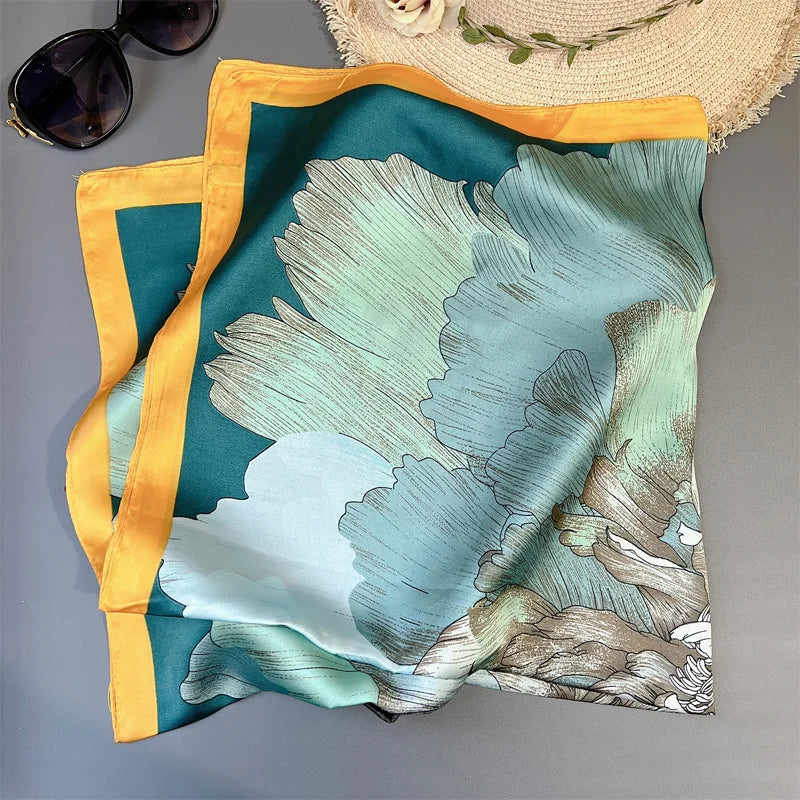 70 x 70 cm (27.6 x 27.6 in) Floral Satin-Look Polyester Square Scarf - Women's Headscarf, Hijab, Hair Band & Wrist Wrap