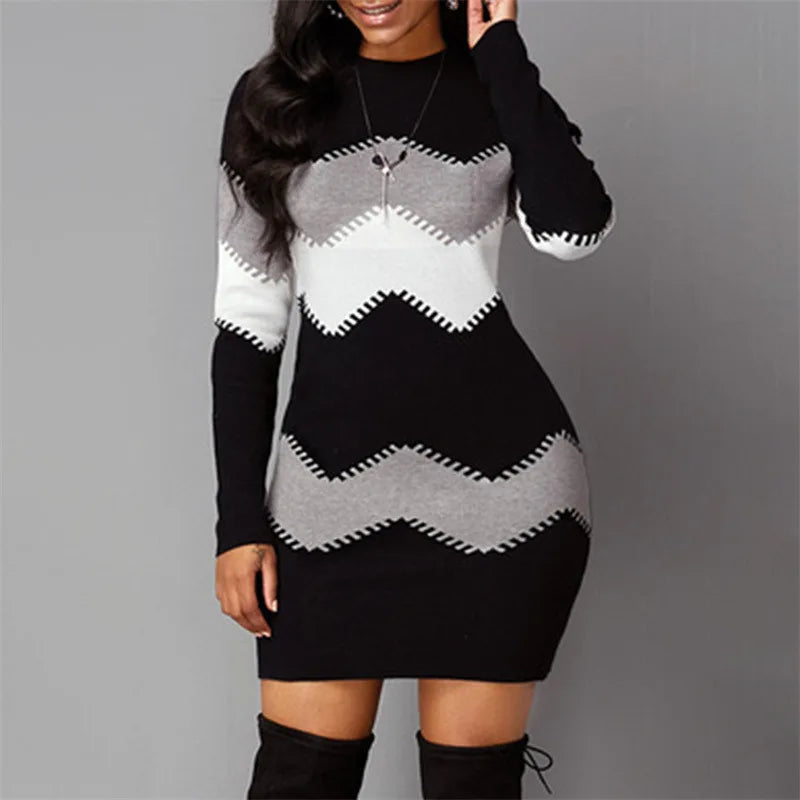 Women's Patchwork Rib Knit Turtleneck Sweater Mini Dress Long Sleeve Warm Casual A-Line
