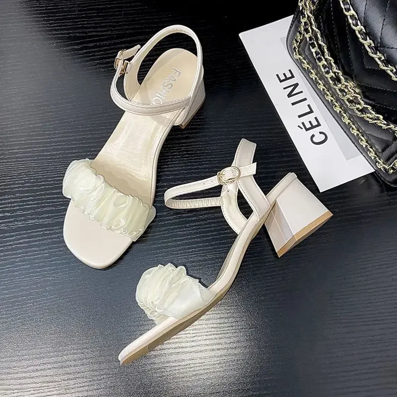 French Style Women's Crystal Mesh High-Heeled Sandals, Lightweight Soft Square Thick Heel