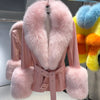 YOLOAgain Women's Genuine Sheepskin Leather Jacket with Real Fox Fur Detachable Collar & Sleeves - Belted Pockets, Autumn/Winter
