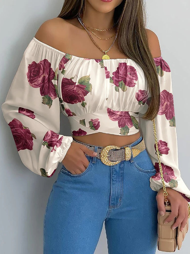 Women's Off Shoulder Bow Chiffon Lantern Sleeve Cropped Slim Printed Blouse